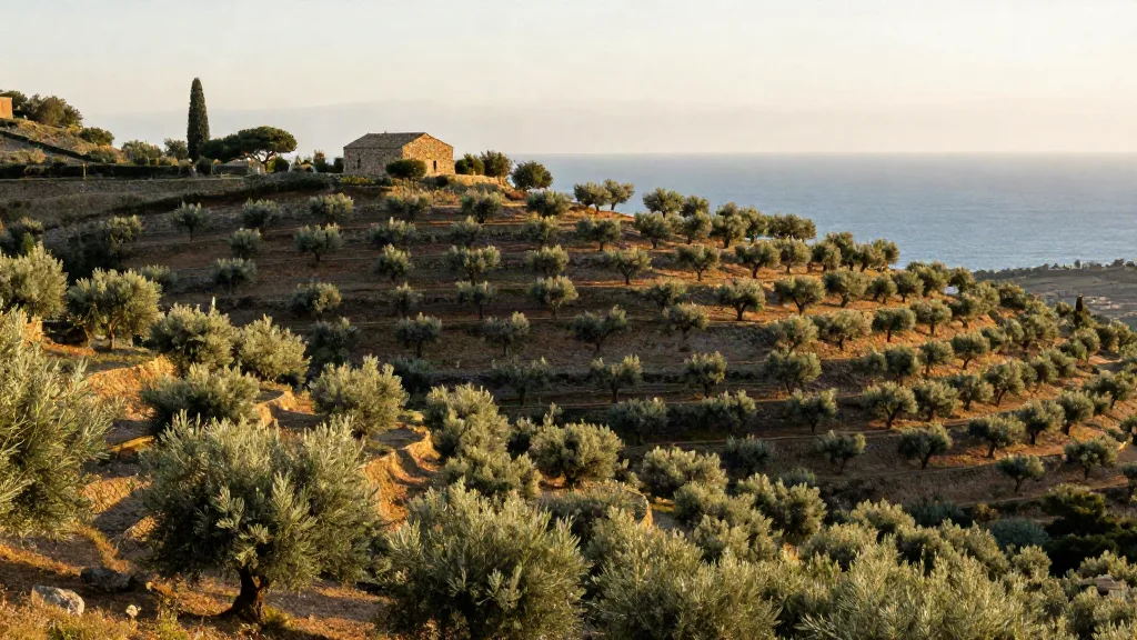 Terraced olive groves on a sunny Mediterranean hillside above the sea