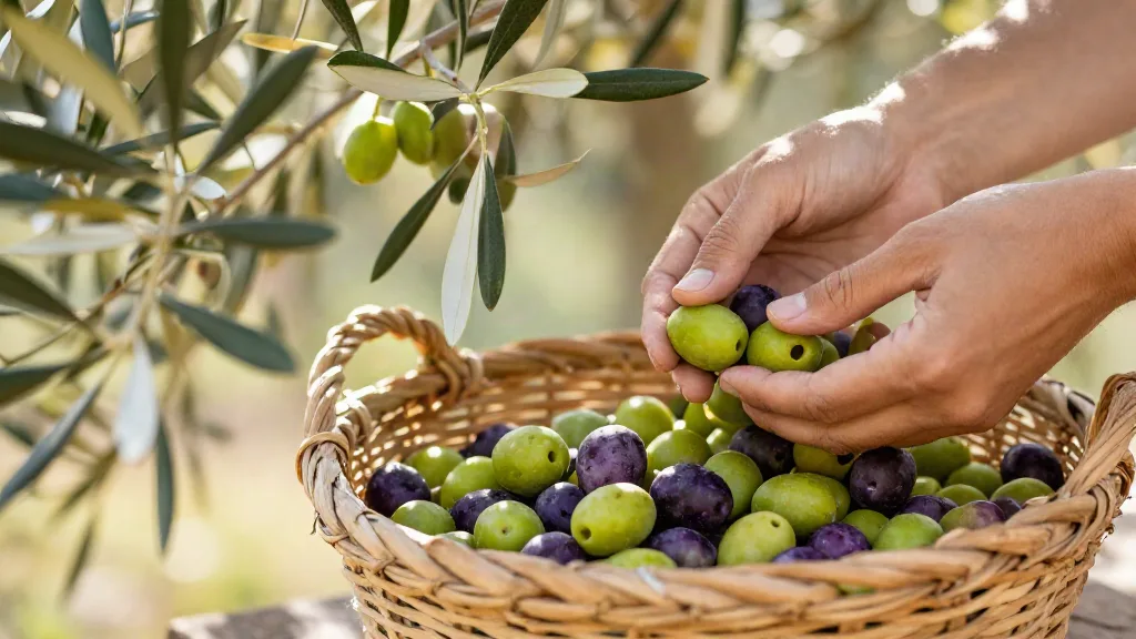Hands gathering freshly harvested green and purple olives into a woven basket under an olive tree