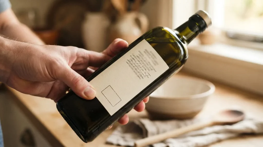 A cream back label on a dark olive oil bottle being turned over in a hand to read the fine print