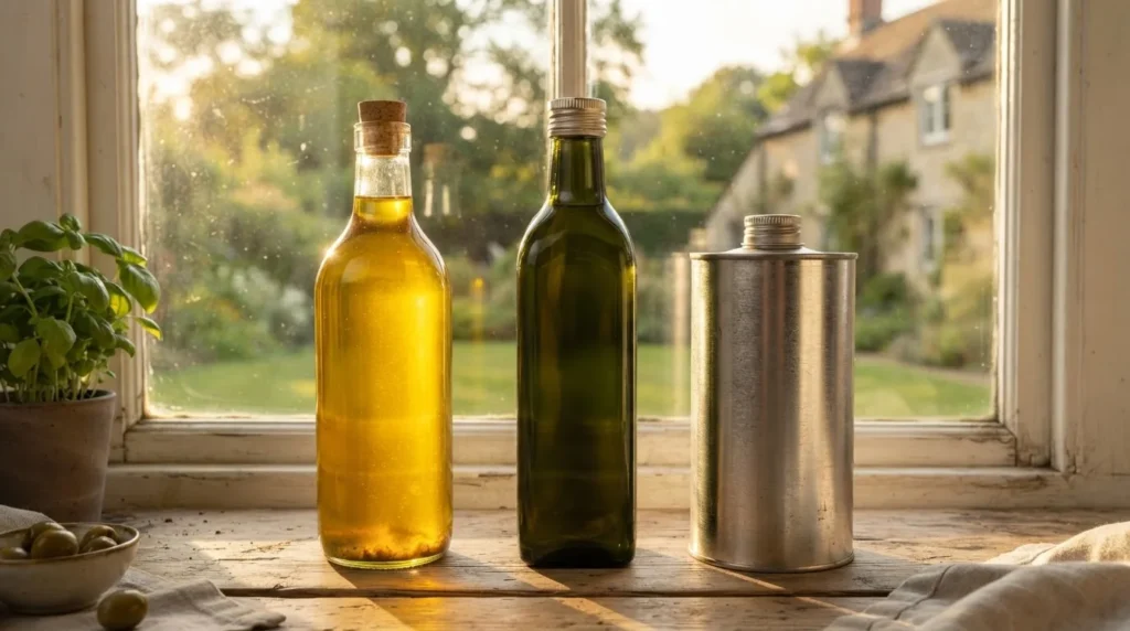 A clear bottle of olive oil in direct sunlight next to a dark green bottle and a metal tin on a windowsill
