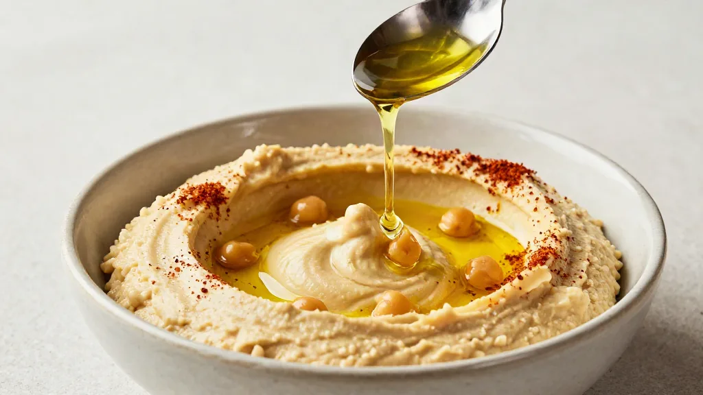 Extra virgin olive oil drizzled from a spoon onto hummus topped with paprika and whole chickpeas