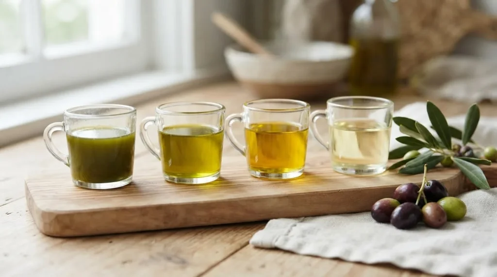 Four small glasses of olive oil ranging from deep green to pale yellow on a wooden board