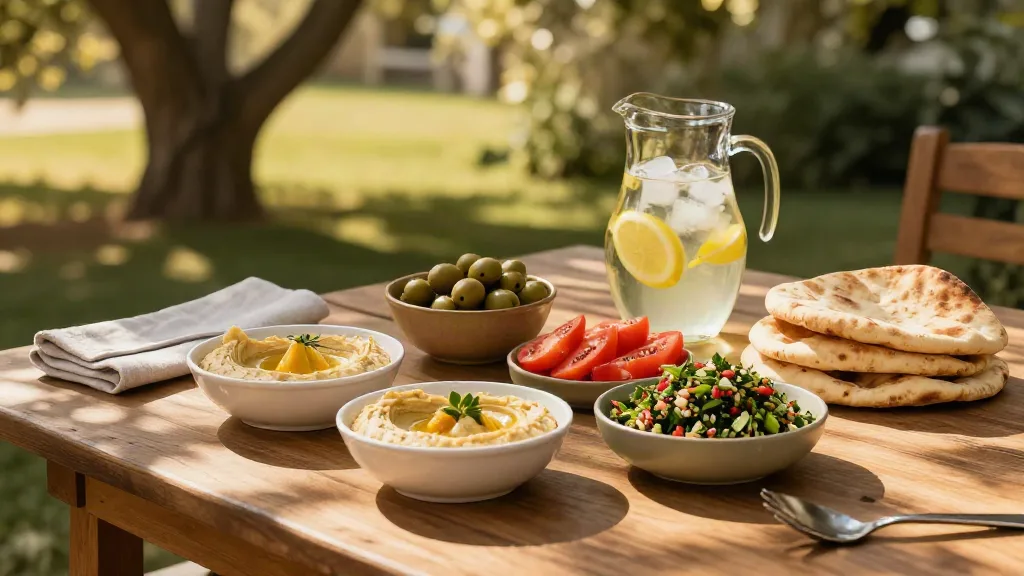Outdoor summer mezze with hummus, tabbouleh, olives, tomatoes, pita and a pitcher of lemon water