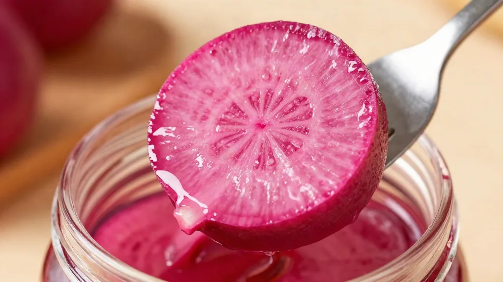 A slice of pickled turnip on a fork, pink all the way through, above a jar of pink brine
