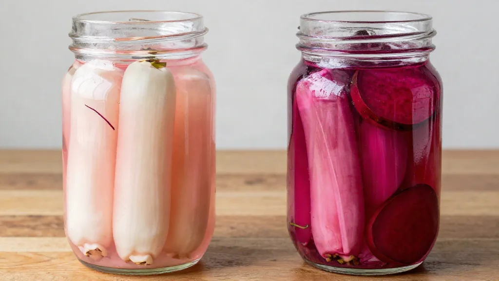 Two jars of pickled turnips side by side, one pale blush pink and one deep magenta pink
