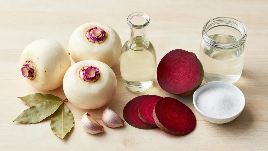 White turnips, a halved raw beet with slices, garlic, bay leaves, white vinegar, salt and a glass jar