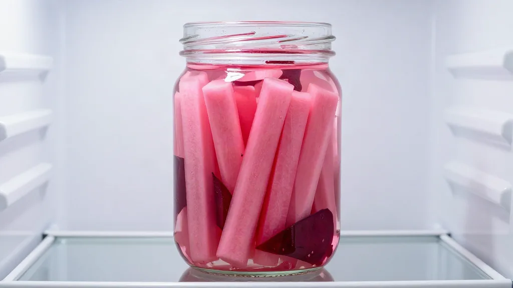 A jar of pink pickled turnip batons and beet slices on a refrigerator shelf