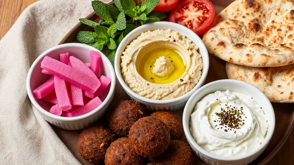 A Lebanese mezze spread with pink pickled turnips, falafel, hummus, labneh and flatbread