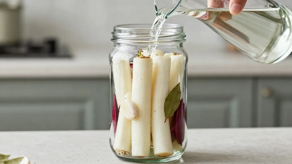 Brine being poured into a jar packed with turnip batons, beet slices, garlic and a bay leaf