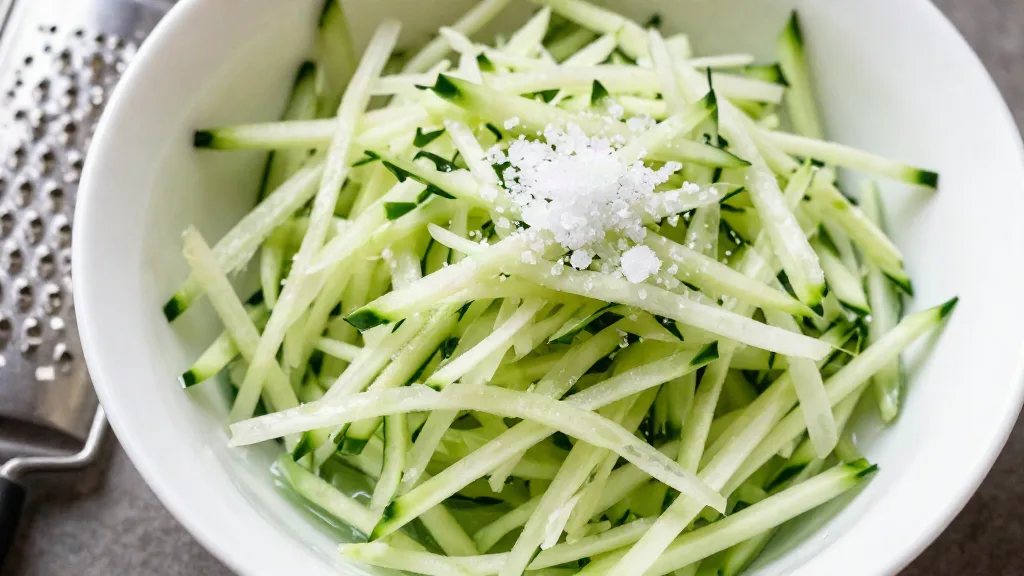 Shredded cucumber sprinkled with salt in a white bowl, beside a box grater