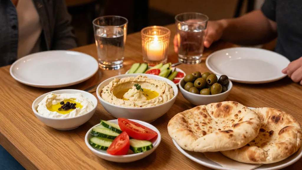Small mezze for two with hummus, labneh, olives, cucumber and tomato, warm pita and a candle