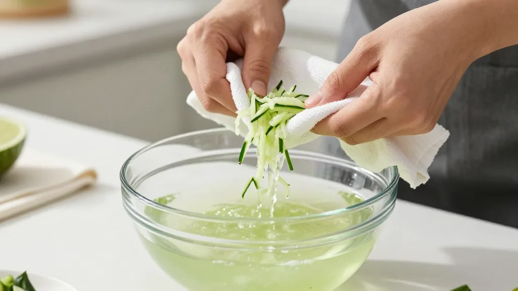 Grated cucumber being squeezed firmly in a thin kitchen cloth over a bowl, liquid running out