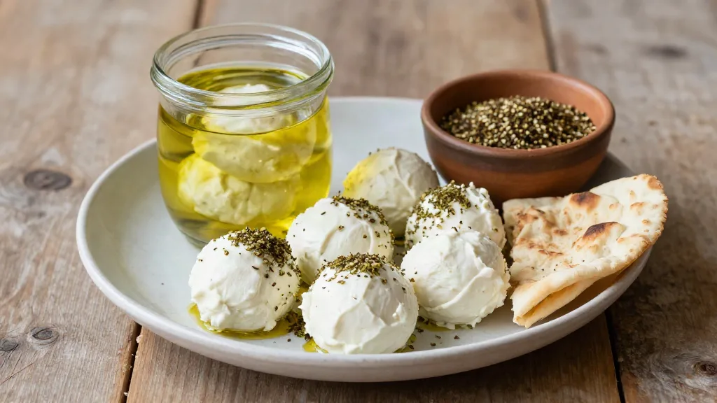 Labneh balls rolled in za'atar on a plate beside a jar of labneh balls in olive oil and flatbread