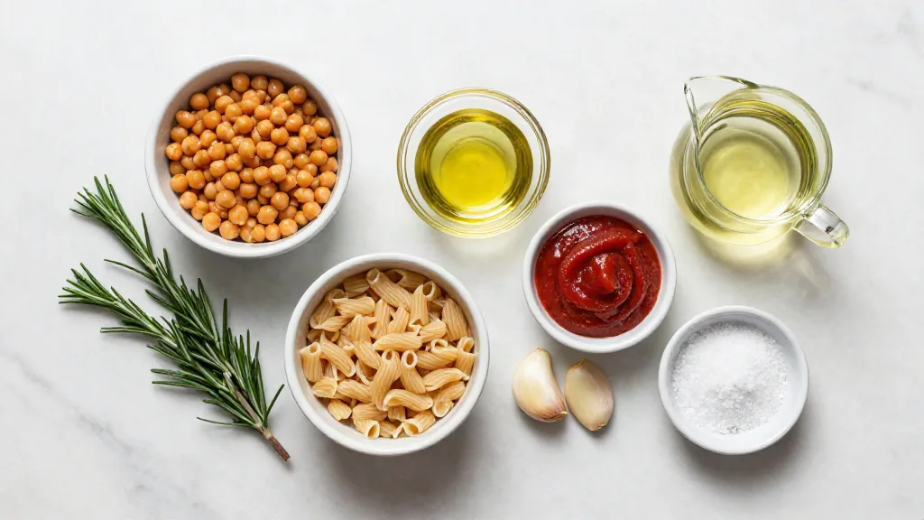 pasta e ceci ingredients: Chickpeas, short pasta, tomato paste, olive oil, garlic, rosemary, salt and chickpea cooking liquid in small bowls