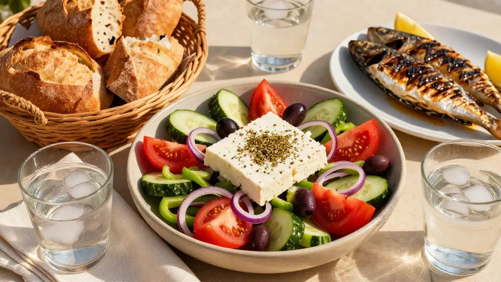 Greek village salad in the center of a summer table with crusty bread and other dishes
