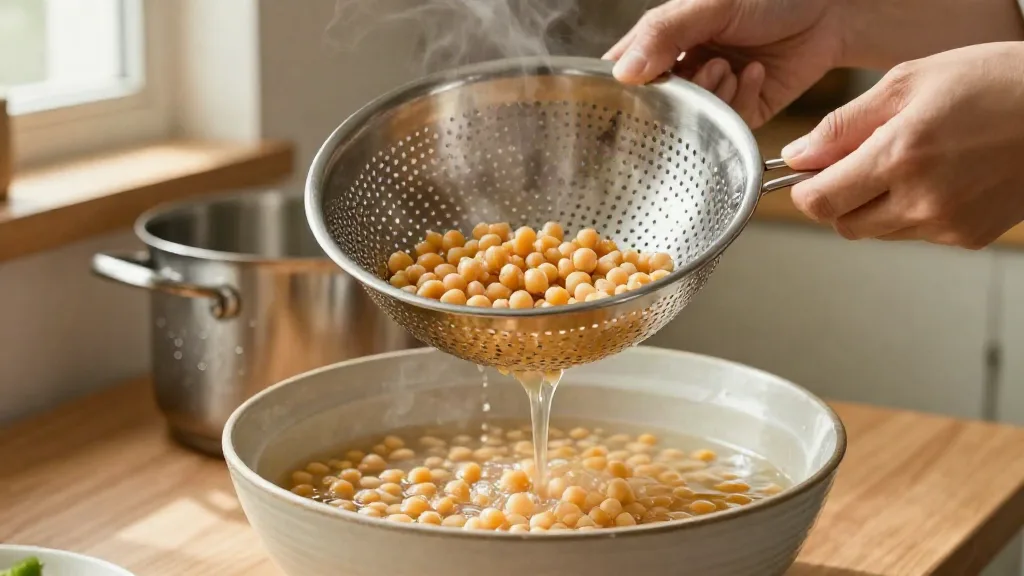 Cooked chickpeas draining in a colander over a bowl that catches the cooking liquid