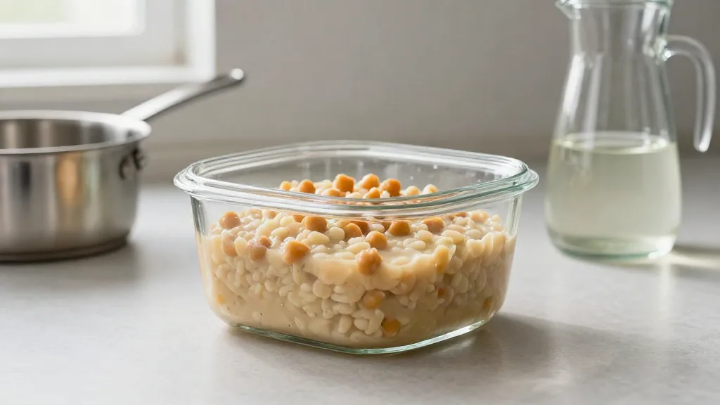 Creamy chickpea sauce coating a wooden spoon of ditalini and whole chickpeas