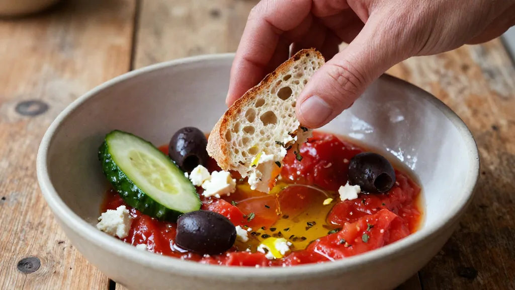 A piece of crusty bread dipped into tomato juice and olive oil at the bottom of a nearly finished Greek salad
