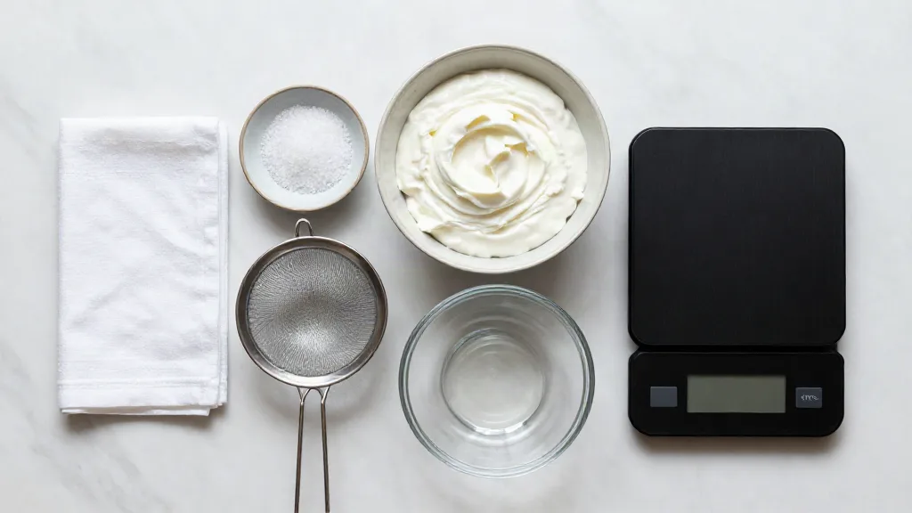 Plain yogurt, salt, cheesecloth, a fine-mesh sieve, a glass bowl and a kitchen scale on a marble counter