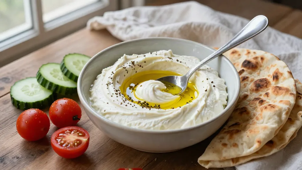 Thick homemade labneh in a bowl with a swirl of olive oil and za'atar, served with flatbread, cucumber and tomatoes
