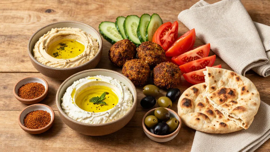 A Levantine mezze table with labneh, hummus, falafel, cucumber, tomatoes and flatbread