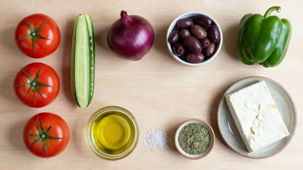 Tomatoes, a striped cucumber, red onion, green pepper, Kalamata olives, a slab of feta, olive oil, oregano and salt