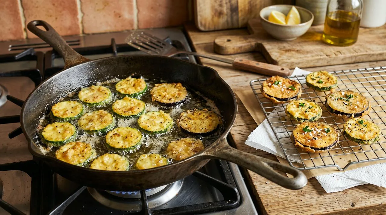 Golden crispy zucchini and eggplant slices shallow-frying in olive oil with finished slices draining on a wire rack