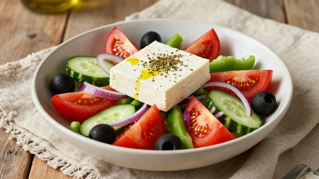 Greek village salad with tomato wedges, cucumber, red onion, green pepper, olives and a whole slab of feta with oregano