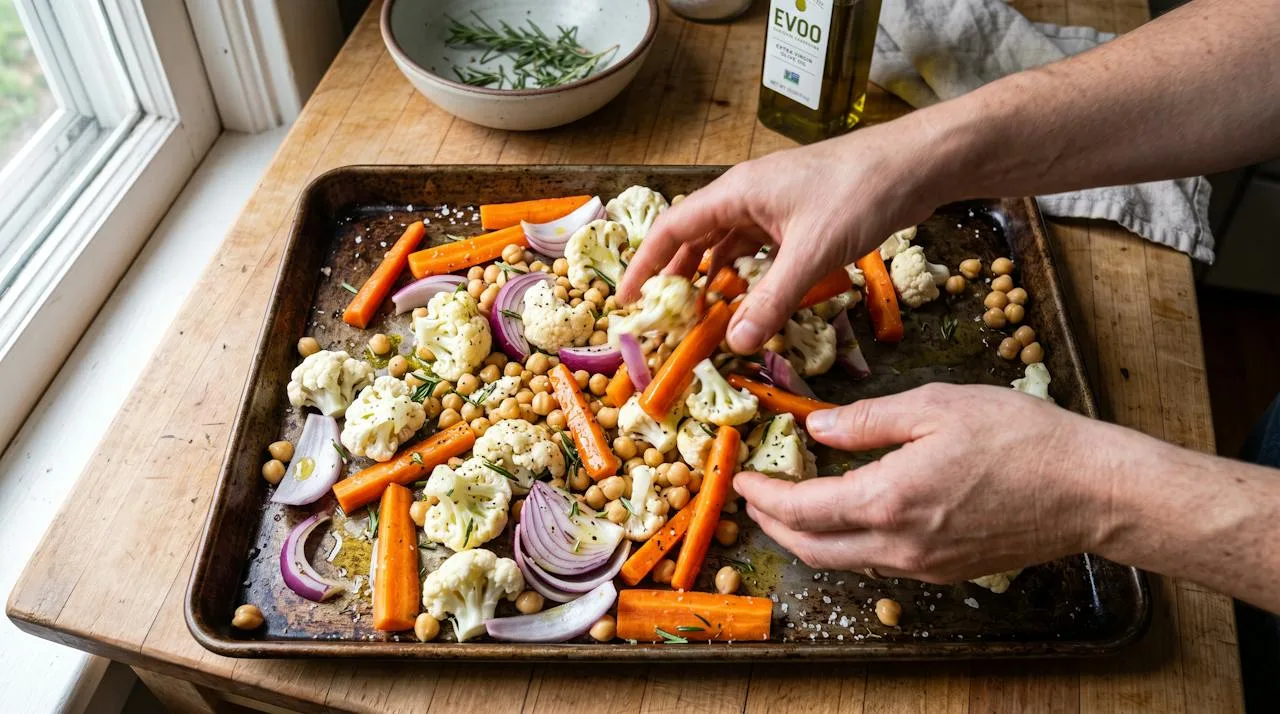 Hands tossing cauliflower, carrots, red onion and chickpeas with olive oil, salt and rosemary on a sheet pan
