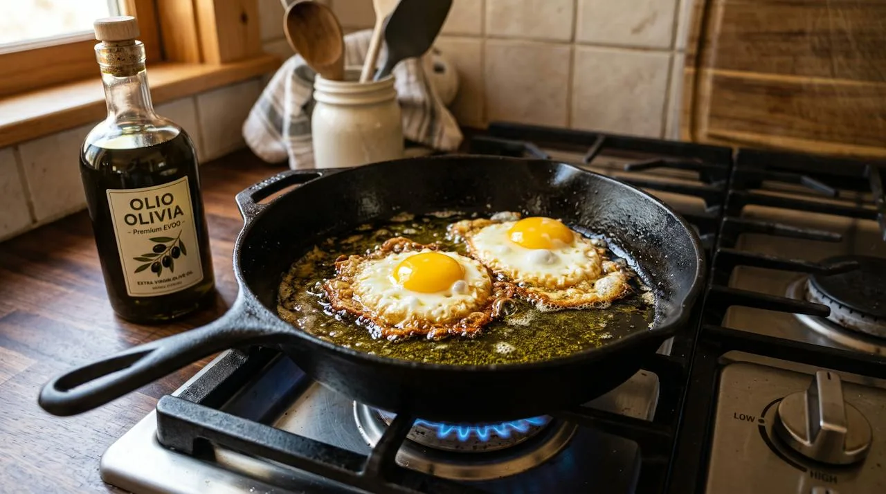 Eggs frying in shimmering extra virgin olive oil in a cast iron skillet with crispy lacy golden edges