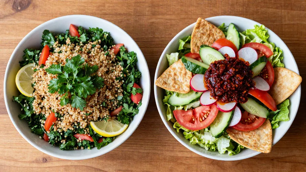 Tabbouleh and fattoush salads served as part of a Mediterranean mezze spread