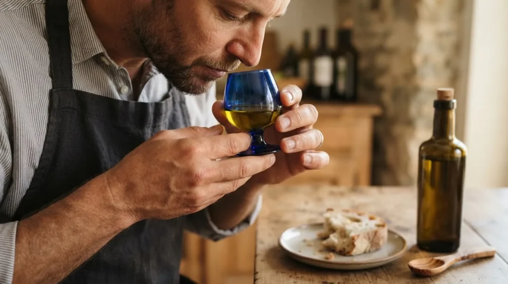 A person smelling extra virgin olive oil from a small blue tasting glass, with bread and a bottle on the table