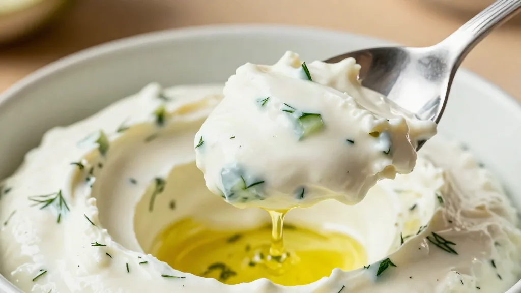 A spoon lifting thick tzatziki that holds its shape, with grated cucumber and dill visible