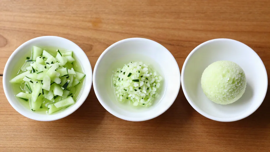 Three bowls of cucumber side by side: wet and unsqueezed, squeezed, and salted and squeezed into a compact ball