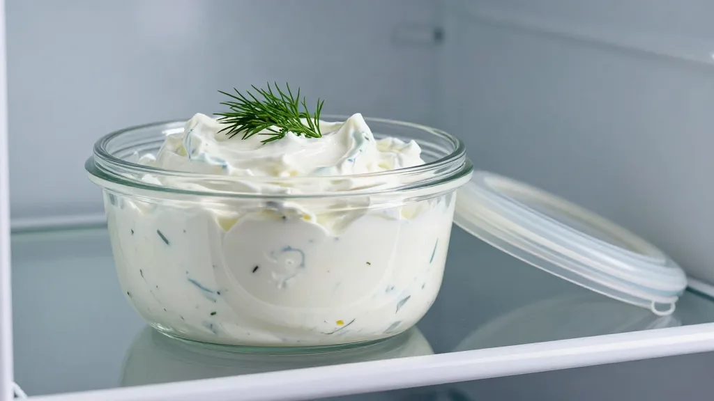 Tzatziki in a glass container on a refrigerator shelf, with its lid beside it