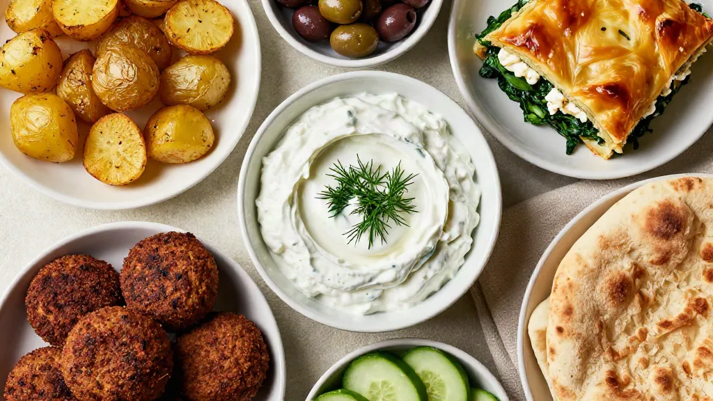A Greek table with tzatziki, falafel, roasted lemon potatoes and warm pita
