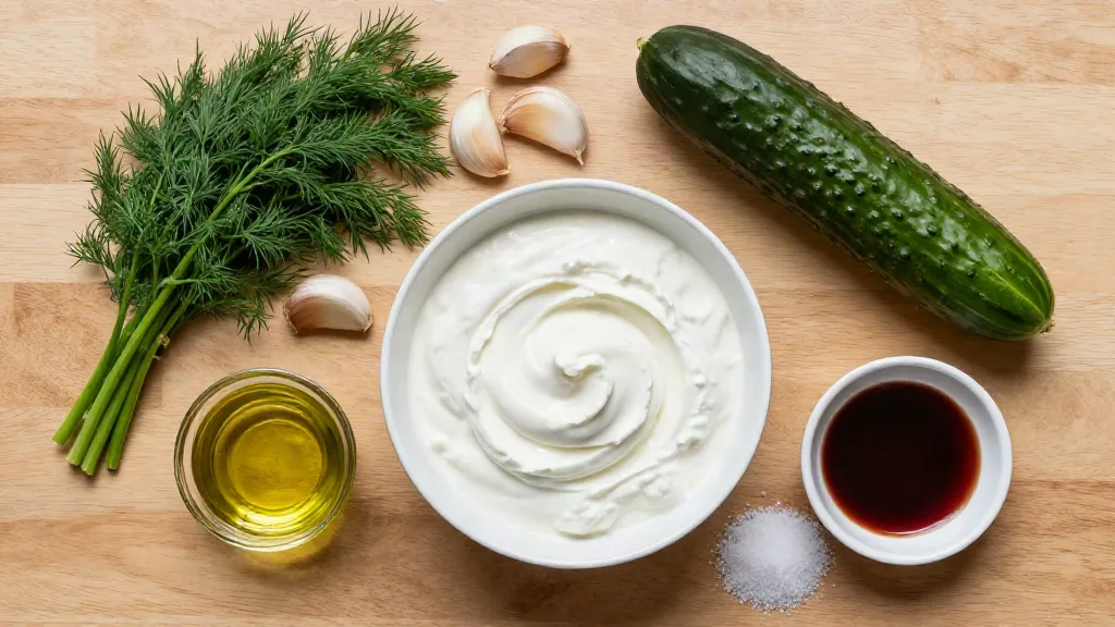 Greek yogurt, a cucumber, garlic, fresh dill, olive oil, red wine vinegar and salt on a wooden counter