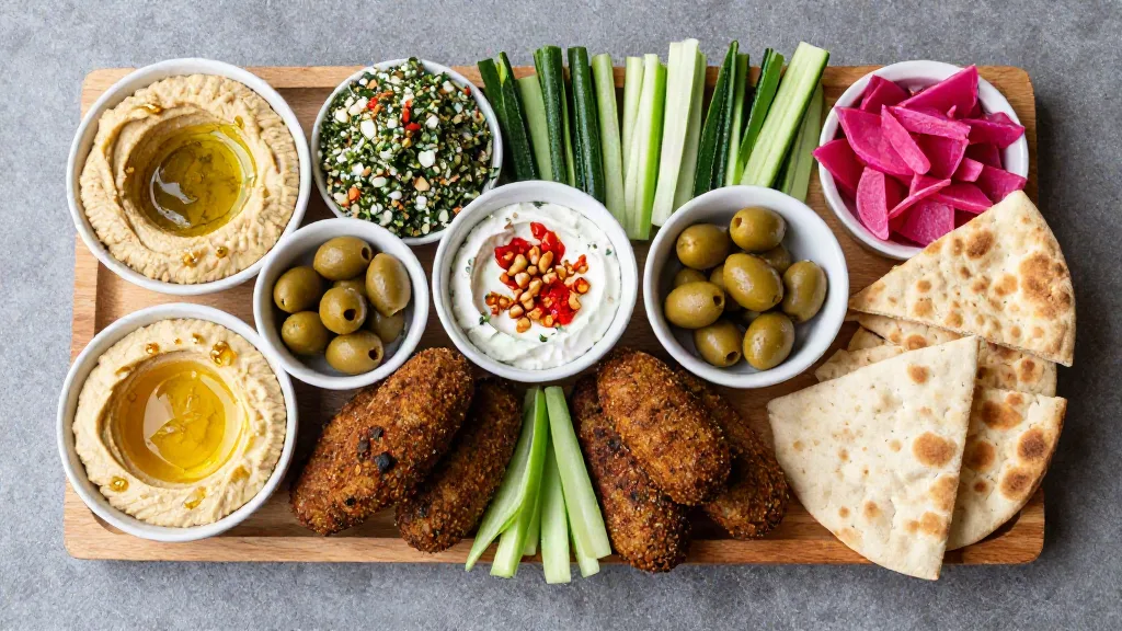 Plant-based mezze platter with hummus, baba ganoush, muhammara, falafel and pickled turnips