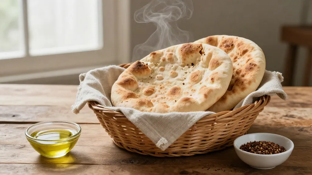 Warm flatbreads in a linen-lined basket next to a dish of olive oil and a bowl of chili flakes